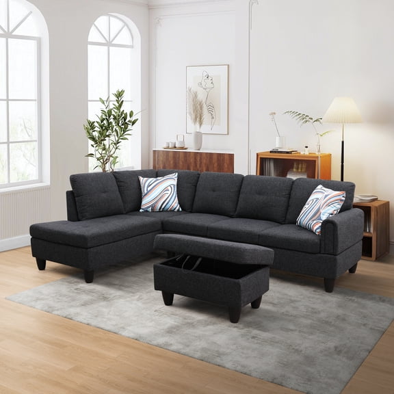 Babo Care Modern Black Grey Linen Sofa,4 Seater Sofa L-Shaped Sofa with Storage Ottoman，Comfy Upholstered, Chaises Sofa，Living Room & Apartment