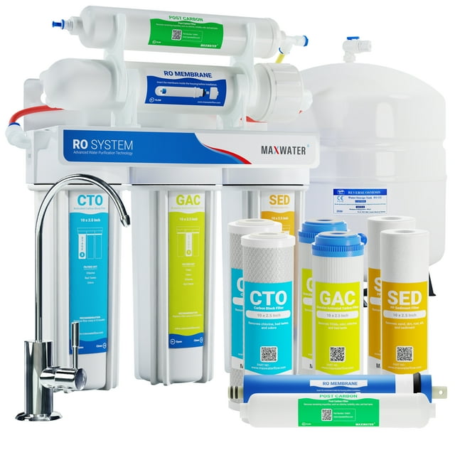 Max Water Système d'Osmose Inverse pour Boisson Domestique à 5 Étapes 50 GPD avec 9 Filtres à Eau