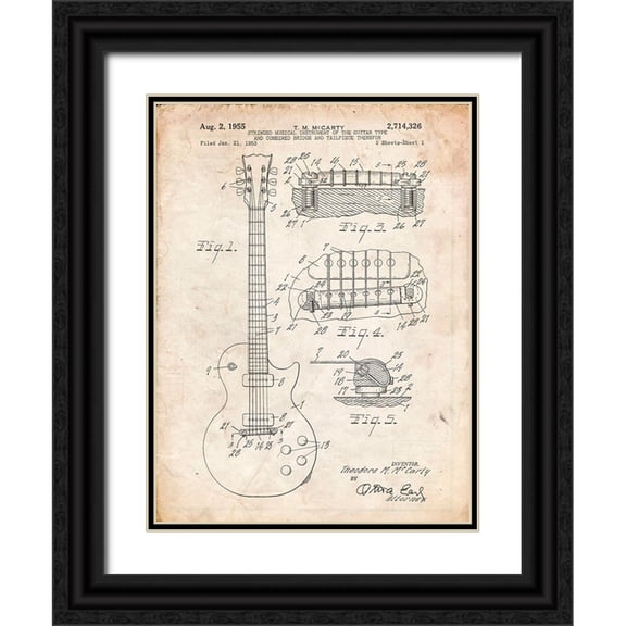 Borders, Cole 12x14 Black Ornate Wood Framed with Double Matting Museum Art Print Titled - PP47-Vintage Parchment Gibson Les Paul Guitar Patent Poster