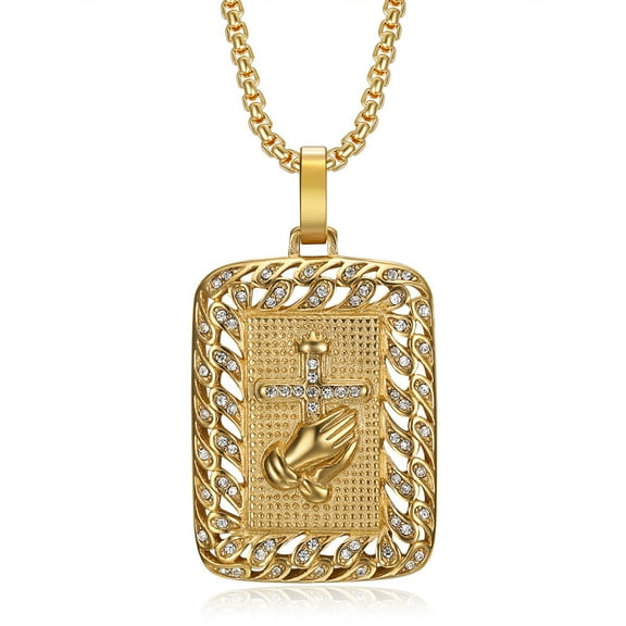 Religious Praying Hands Cross Pendant Male Golden Color 14K Yellow Gold Christian Square Necklaces for Men Jewelry Gift