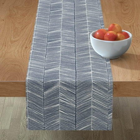 

Cotton Sateen Table Runner 108 - White Navy Handdrawn Geometric Herringbone Chevron Modern Print Custom Table Linens by Spoonflower
