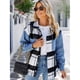 thumbnail image 5 of Chaqueta Vaquera Informal de Larga con Solapa y Botones para Mujer, Estilo Otoño, A Cuadros, Estilo Informal, con Botones Azul XL, 5 of 9