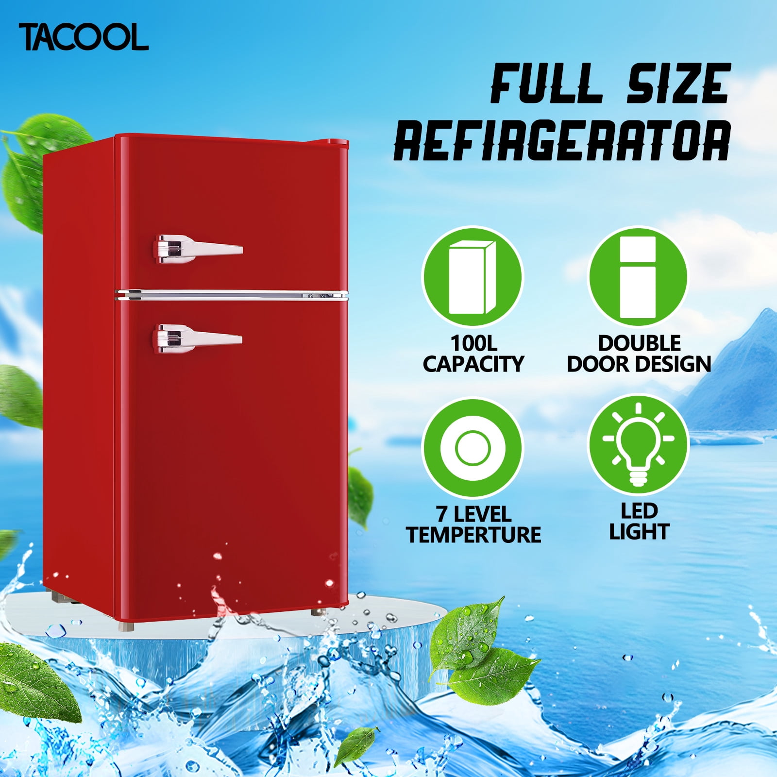 TACOOL Small Retro Mini Fridge with Top Freezer 100 Liter Dual Door Compact Refrigerator with Adjustable Thermostat LED Light, Low Noise for Dorm Red