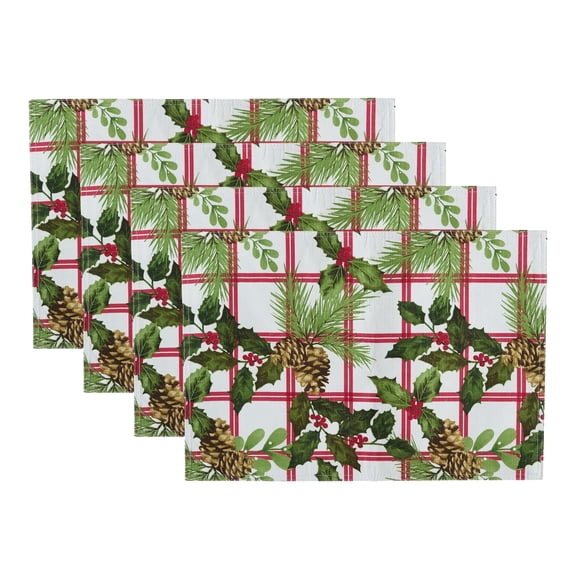 Elrene Home Fashions Pinecone Plaid Holiday Fabric Placemats, Set of 4, Multi, 13" x 19"