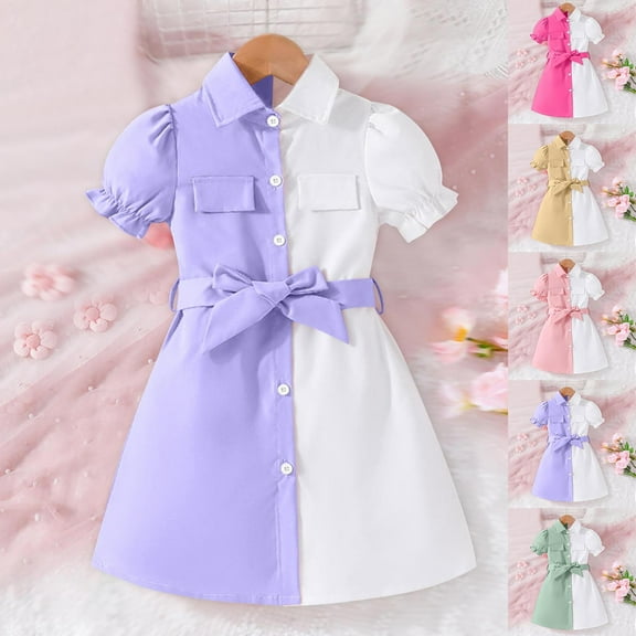 NAISIBABY Girls A-Line Dress, Cotton Puff Sleeve Color Block Sweet Shirt Dress Purple 7-8T