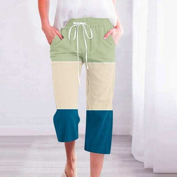 ZHUGeLI Pants for Women Cute Floral Print Capri Pants Women Summer Casual Cropped Pants Elastic Drawstring Waist Vacation Beach Pants Pocket Drawstring Capri Joggers Hiking Pants Lounge Pants