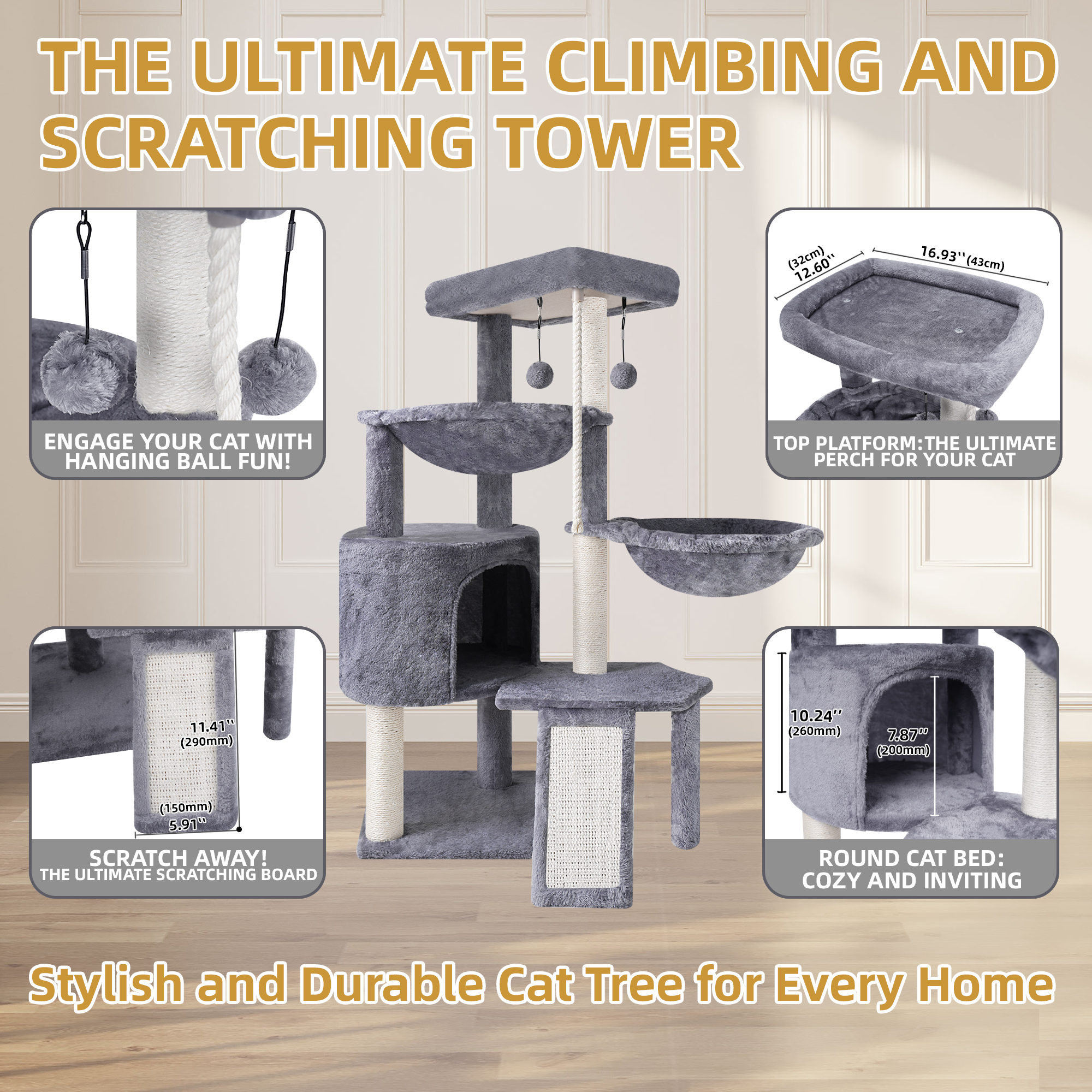 AIWIKIDE 37.4" Cat Tree with Condo and Two Hammocks, Grey photo 4