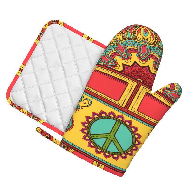 Hippie Vintage Mini Van Peace Sign Oven Gloves, Pot Clip Set, Non slip  Cooking Gloves, Kitchen Gloves, Microwave Oven Barbecue, Washable and Heat 