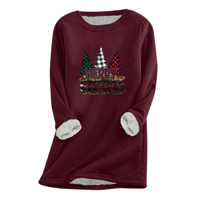 Qertyioot Grande Taille Tops pour Femmes, Mode des Femmes Impression de Noël Peluche vers le Bas Isolation Manches Régulières Hiver Manches Lâches
