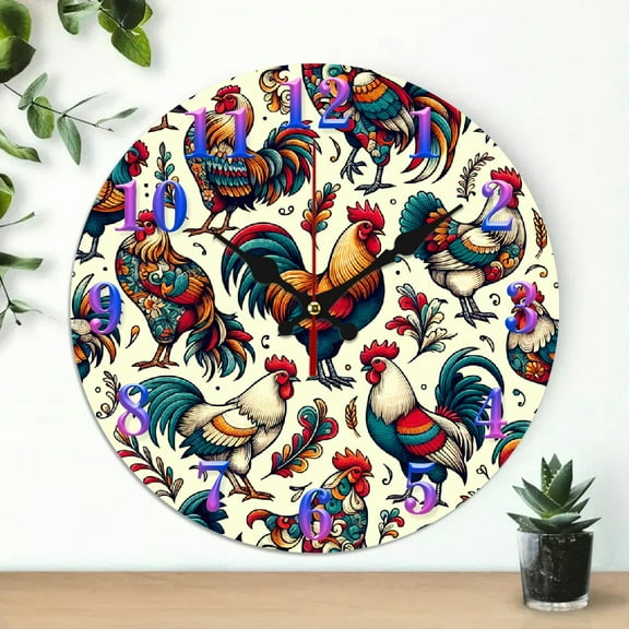 Wall Clock, chickens roosters farm Print, Silent Mechanical Movement, Great for Living Room, Kitchen, Dorm Decoration and Daily Practical Gift