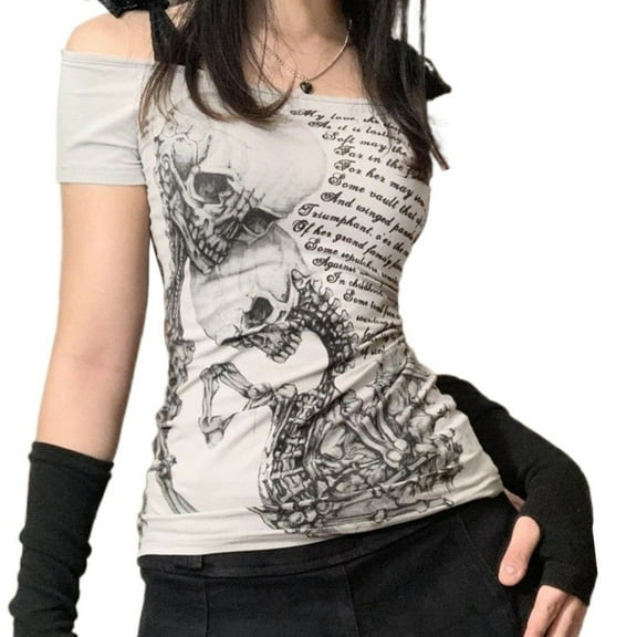 Harajuku Lace Patchwork Bandage Crop T-Shirts Women Slim Skull Letter Print Y2k Aesthetic Tees Vintage Grunge Bottoming Tshirts