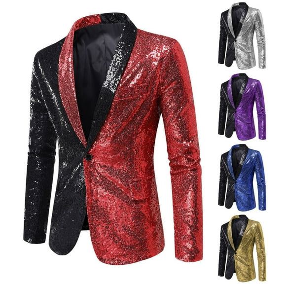 UVEASISHA Slim Fit Blazers for Men,Mens One Button Sequin Dress Suit Jacket Stylish Colorblock Party Jackets Glitter Festival Tuxedo Clearance Sales,Purple,L