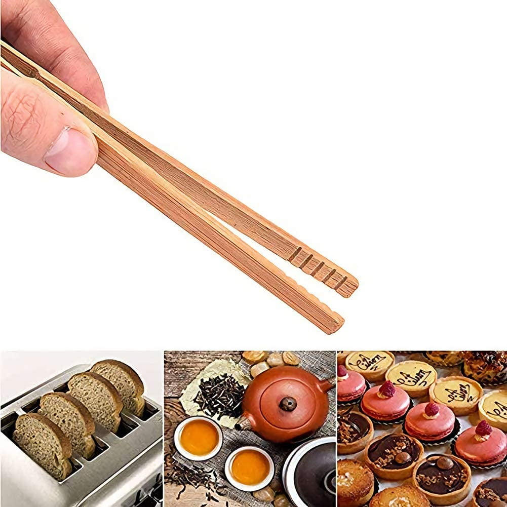 Fanvereka 4 Pcs Bamboo Toaster Tongs Wood Cooking Tongs Kitchen Utensil for Cheese Bacon Muffin Fruits Bread, Brown