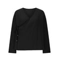 thumbnail image 5 of Holzkary Women's Kimono Cardigan Long Sleeve V Neck Vintage Hanfu Costumetraditional Asian Style Shirt Top Hanten Cardigan Wrap Front Cotton Linen Retro Costume Irregular Shirt Tops Black S, 5 of 6