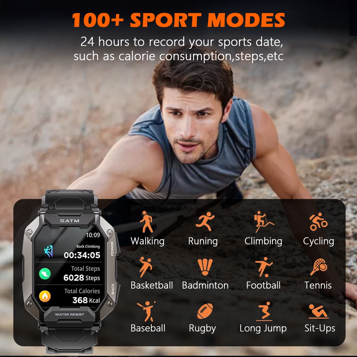 Military Smart Watches for Men, 1.81'' HD Outdoor Sports Rugged Smartwatch Compatible with Android and iPhone, Black