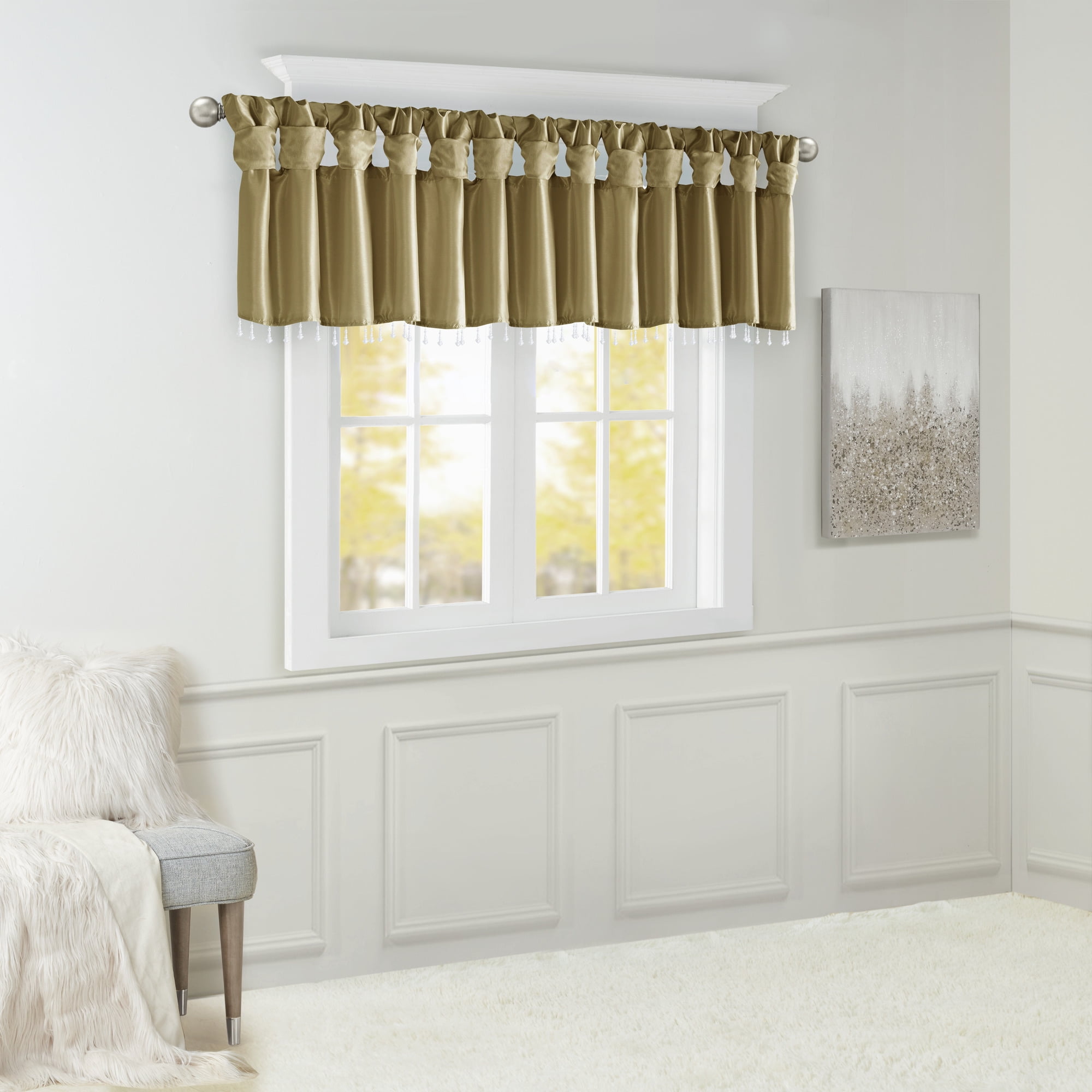 Lightweight Faux Silk Valance With Beads Bronze 50x26"