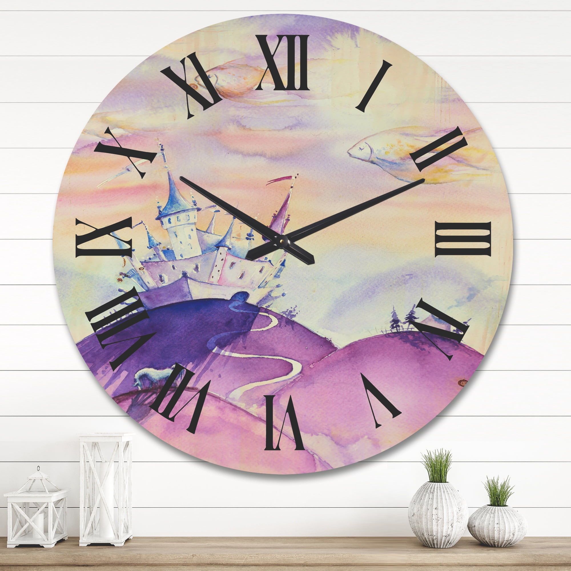 Designart 'Fairy Tale Kingdom Palace On Purple Mountain Top' Children's Art Wood Wall Clock