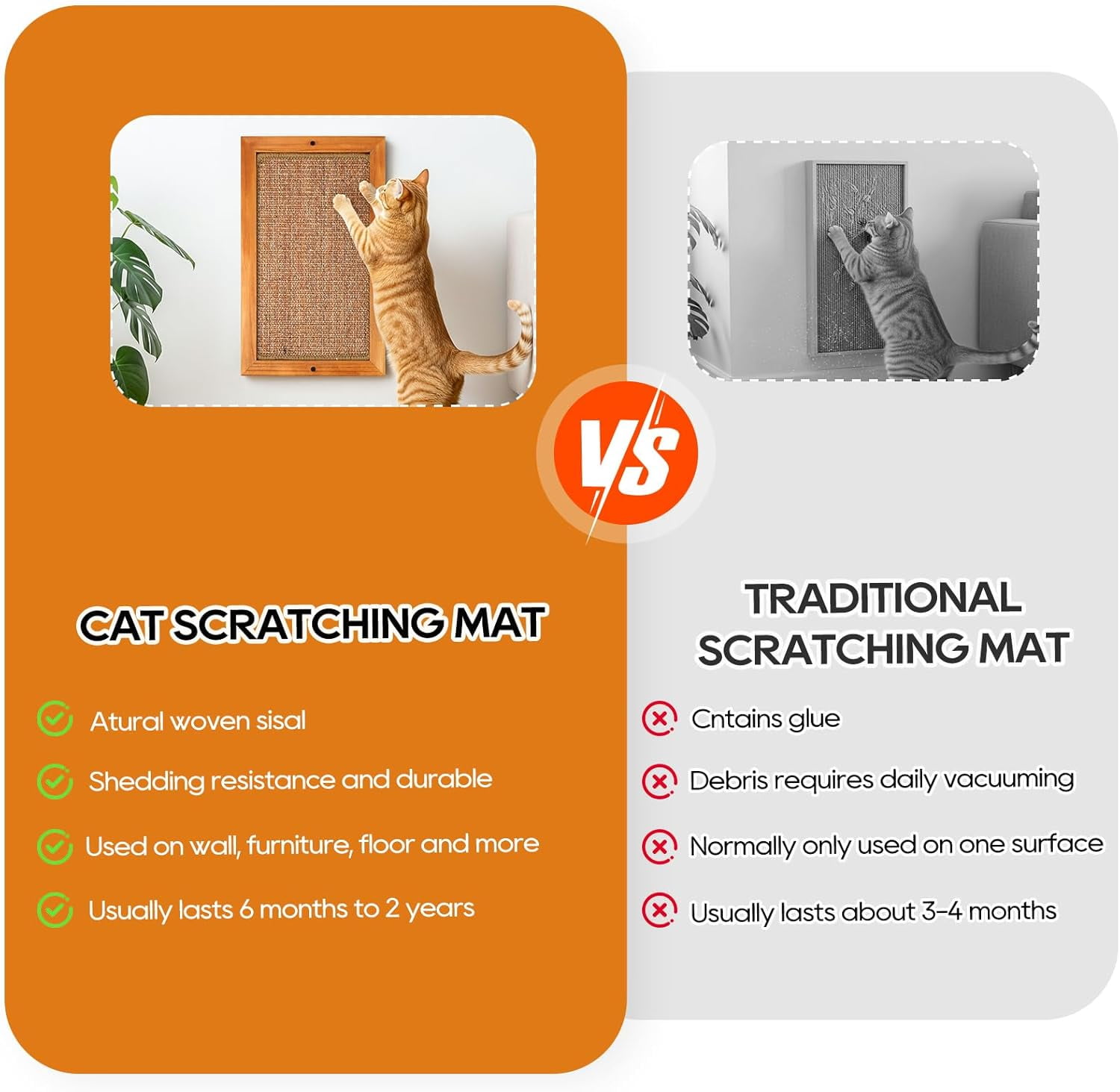 Scratching Post - 2PCS Large Wooden Sisal Wall Floor Mounted Vertical Scratch Pad for Indoor Cats Kittens Furniture Protector