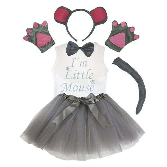 Petitebelle Mouse Headband Bowtie Tail Gloves Tutu Shirt 6pc Costume (Gray, 4-5 Years)