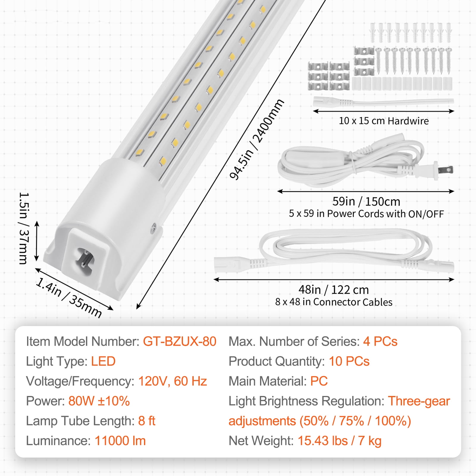 KFFKFFLinkable Ceiling Shop Light Fixture 11000LM 10 Pack 8FT LED Shop Light 80W