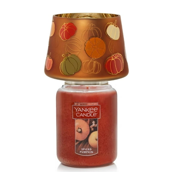 Yankee Candle Spiced Pumpkin Large Original Jar Candle with a Flickering Pumpkins Glass Jar Candle Shade 2-pc Set