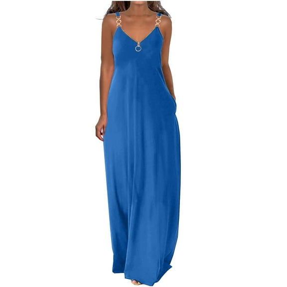 BLVB Womens 2024 Casual Sleeveless Sundress Loose Plain Long Summer Beach Maxi Dress Zipper V Neck Fashion Dress