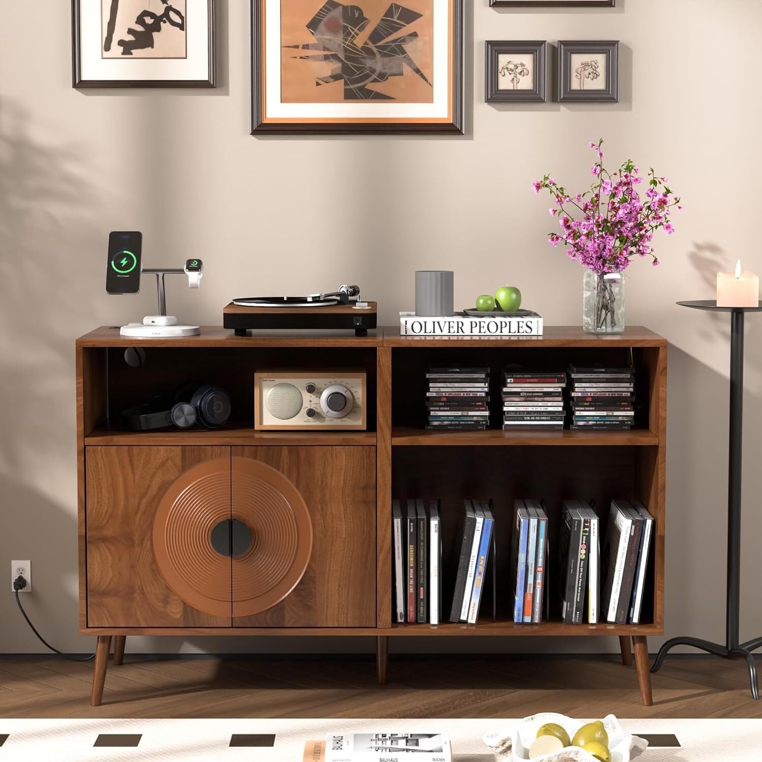 Furtivusia Vinyl Record Player Stand with Vinyl Storage, Mid-Century Modern Turntable Stand with Charging Station, Record Storage Cabinet for Living Room, Study, Bedroom, Walnut