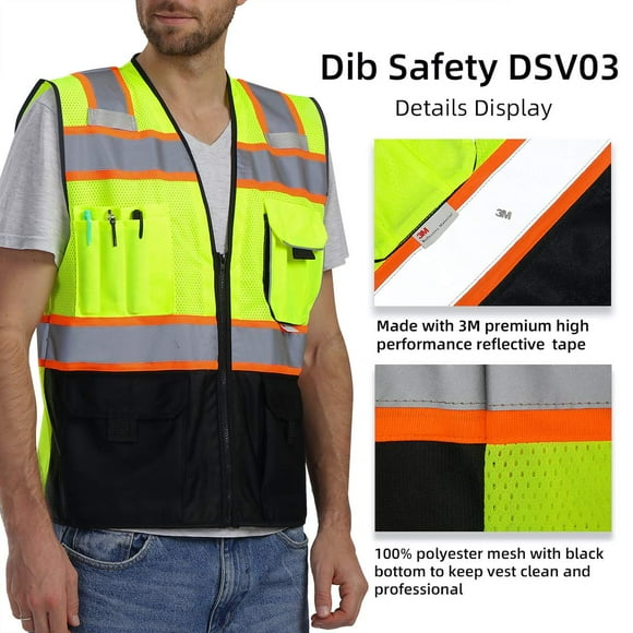 Dib Safety Gilet Réfléchissant avec Poches et Fermeture Éclair, Haute Visibilité Maille ANSI Classe 2, avec Ruban Réfléchissant 3M, Jaune et Noir TG