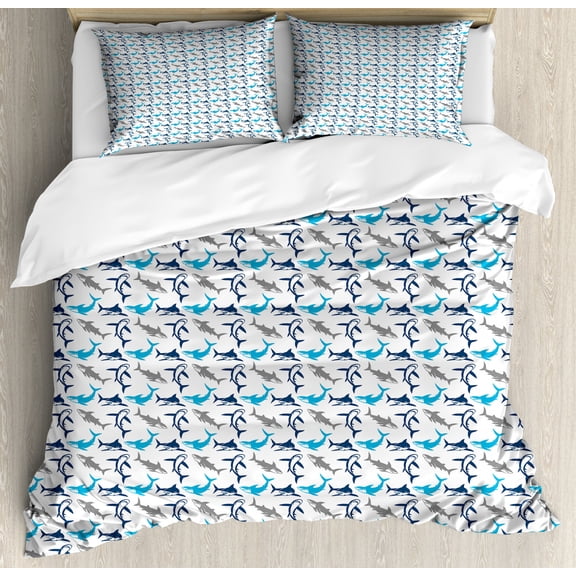 Shark Duvet Cover Set Queen Size, Retro Style Different Abstract Silhouettes Symbols of Dangerous High Seas, Decorative 3 Piece Bedding Set with 2 Pillow Shams, Blue Navy Blue Grey, by Ambesonne