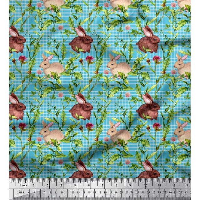 Soimoi Polyester Crepe Fabric Leaves & Rabbit Animal Printed Craft Fabric by The Yard 42 Inch Wide