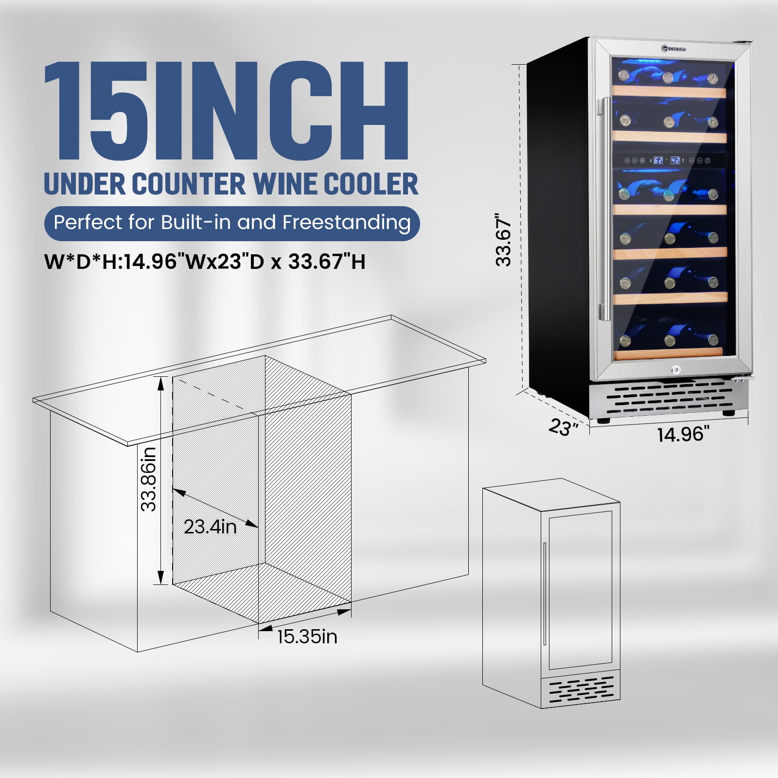 COLOZO 15 inch Wine Refrigerator,Dual Zone Freestanding Wine Fridge with Compressor for Home Office