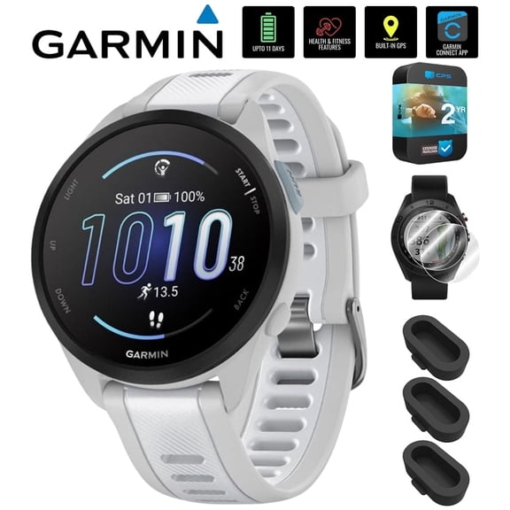 Garmin 010-02863-21 Forerunner 165 Smart Sport Watch, Mist Gray Whitestone Bundle with Silicone Dust Cover 3 Pack, 2X 1.2 Inch Screen Protector and 2 Year Extended Warranty