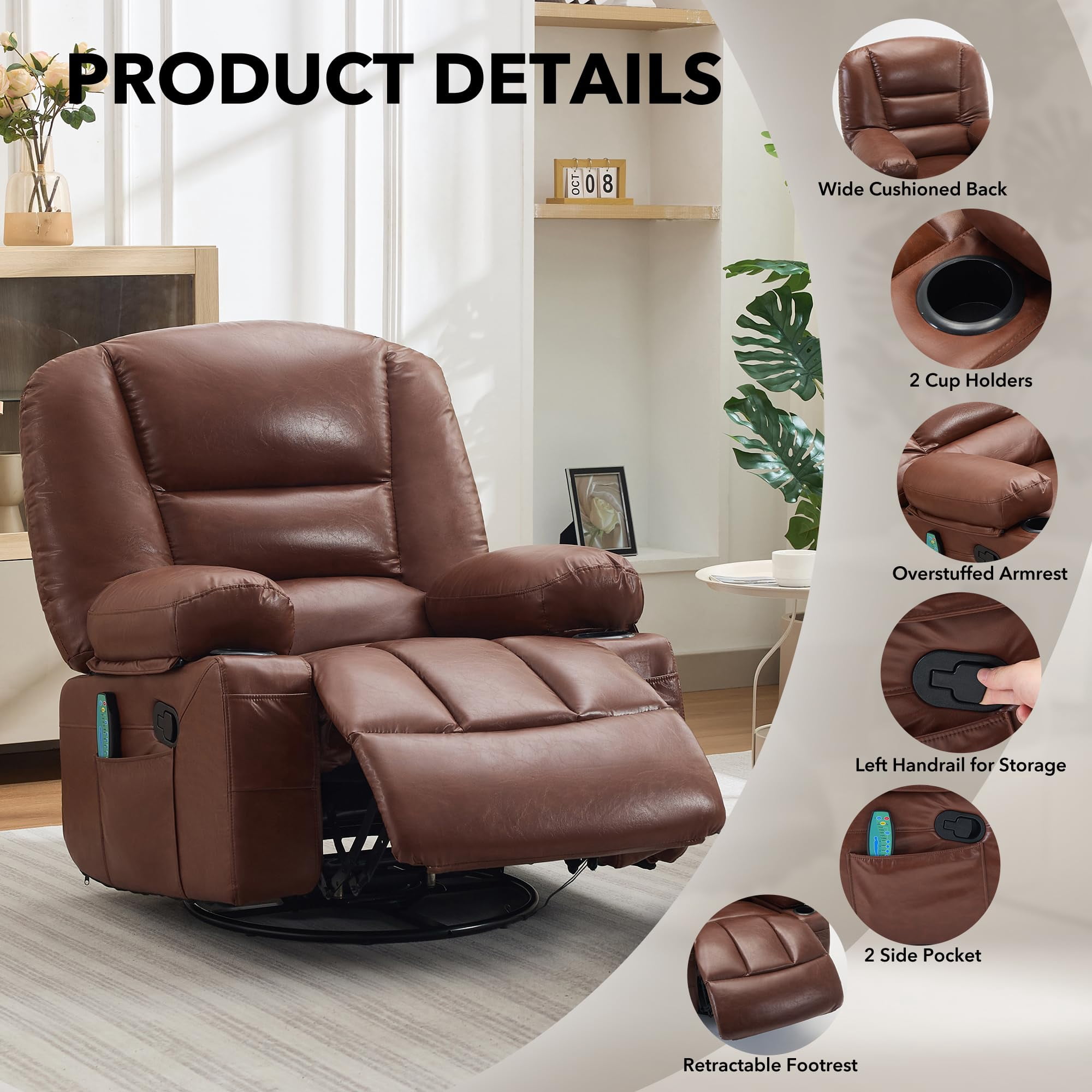 Oversized 360° Swivel Recliner Chair for Adults - Rocker Glider with Vibration Massage & Heat - Extra Wide, Overstuffed Lounge Sofa, Manual Recline, Cup Holders & Side Pockets