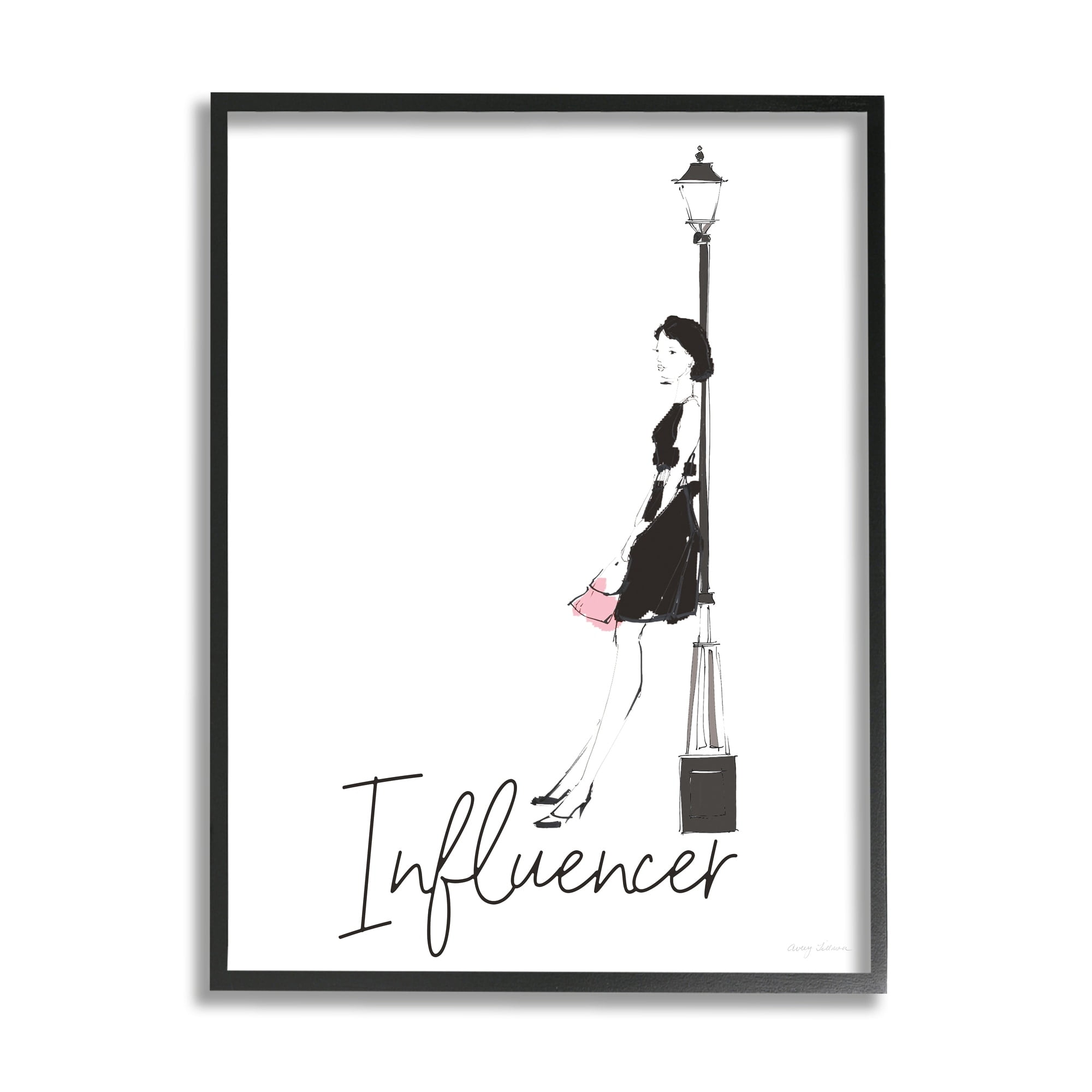 Stupell Industries Chic Influencer Calligraphy Woman Leaning Lamp Post Graphic Art Gray Framed Art Print Wall Art, Design by Avery Tillmon