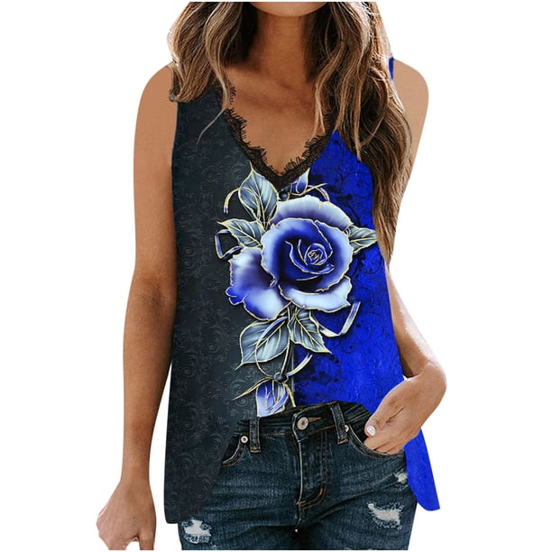 Blusa sin mangas con estampado de retazos de encaje con cuello en V para mujer Pompotops lopia999831
