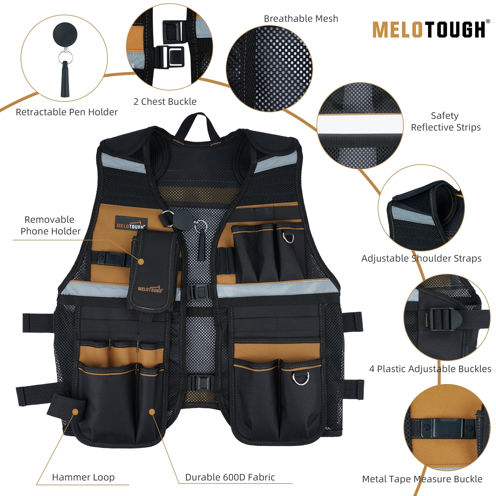 MELOTOUGH Tool Vest for Men Reflective Safety Tool Vest with Adjustable Straps,Removable Phone Holder for Electrical,Carpenters,Construction(Khaki)