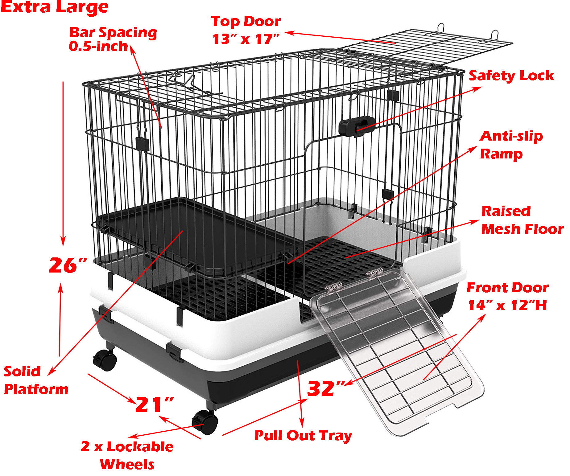 32" Large 2-Tiers Animal Pet Cage for Guinea Pig Ferret Chinchilla Cat Playpen Rabbit Hutch with Solid Platform & Ramp Removable Washable Bottom Tray Large Access Doors Lockable Casters
