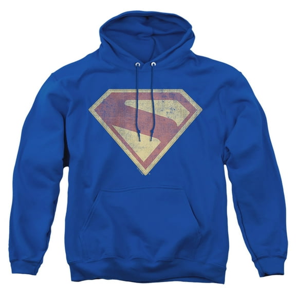 Popfunk Superman Logo Full Color Distress Adult Pull-Over Hoodie, Navy, Small