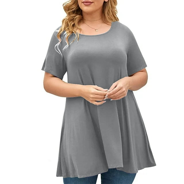 SwiftWear Women's Plus Size Flowy Tunic Top Spring & Summer Short Sleeve Loose Fit Crew Neck Shirt for Going Out