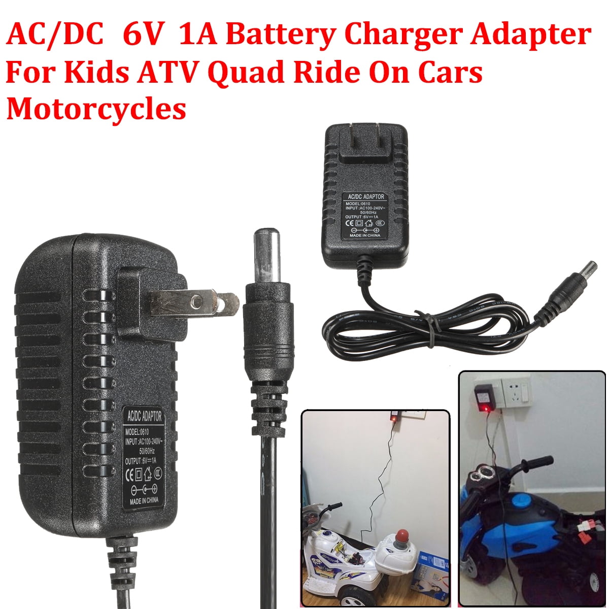 12V 1A Battery Charger Adapter For Kids ATV Quad Ride On Cars Motorcycle AC/DC 
