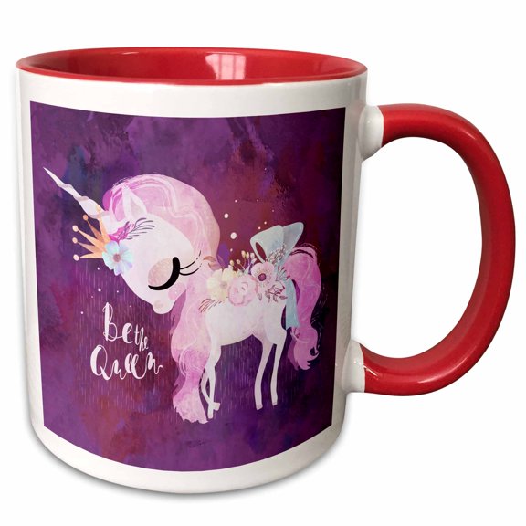 3drose, Cute Purple Flower Unicorn Illustration and Typography - Be the Queen, 15oz Two-tone Red Mug