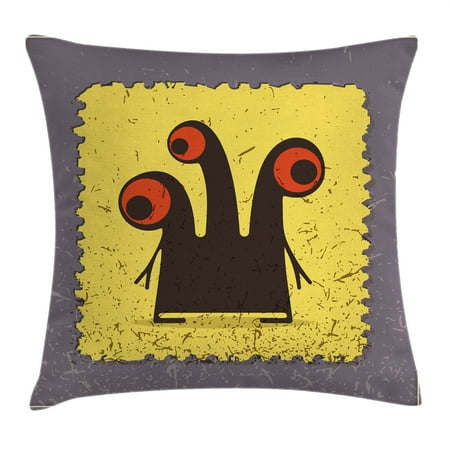 Large Throw Pillow Covers Abstract Throw Pillow Cushion Cover, Trippy Creature with Heads and Large Eyes on Yellow Stamp Figure Illustration, Decorative Square Accent Pillow Case, 16 X 16 Inches, Grey Seal Brown, by Ambesonne ()
