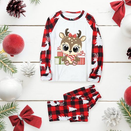 

Mon Sleepwear For Christmas Family Matching Pajamas Cute Big Headed Deer Print Pjs Plaid Long Sleeve Tops And Pants Soft Casusal Holiday Sleepwear