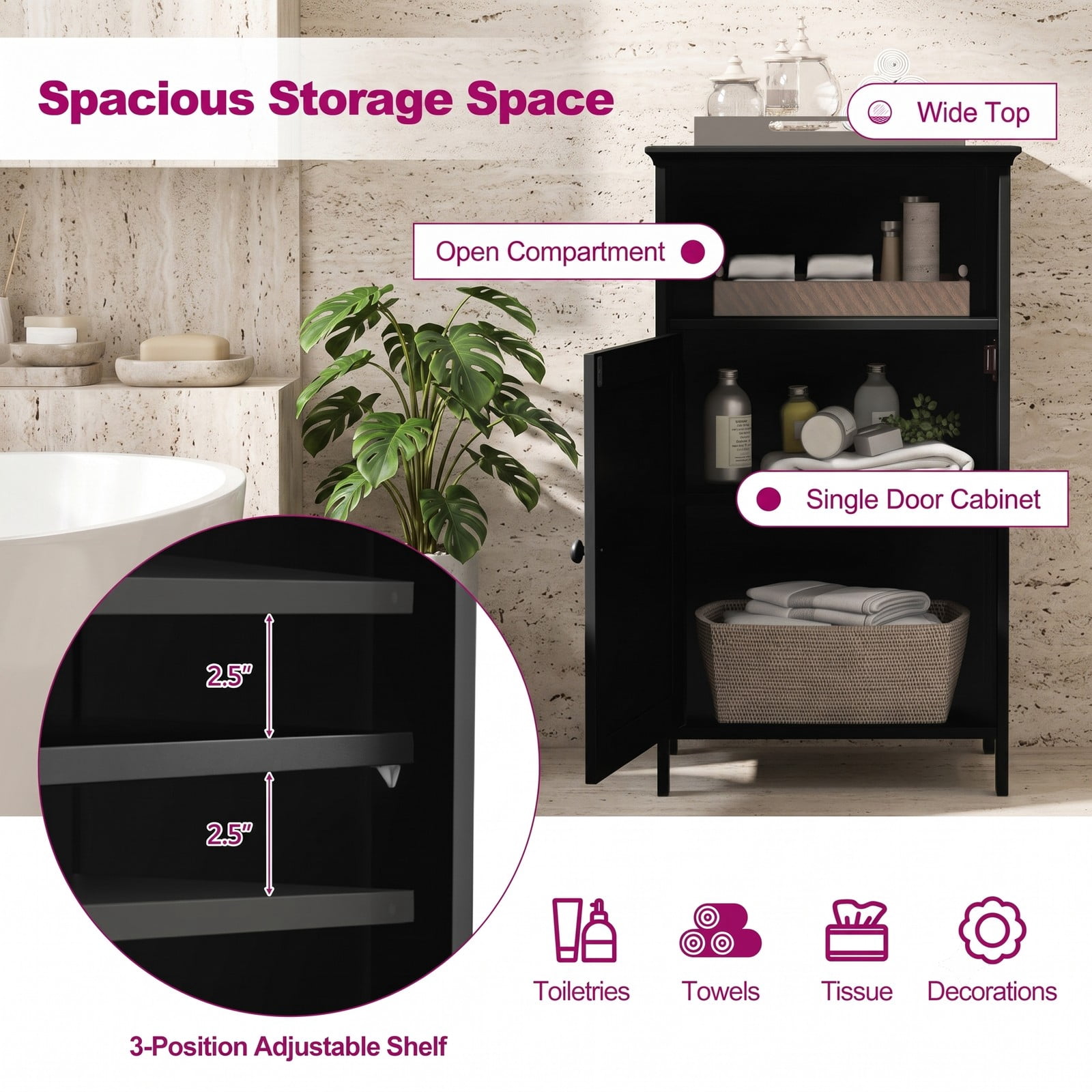 Fenbeli Bathroom Freestanding Floor Storage Cabinet with Adjustable Shelf and Open Cube, Waterproof MDF Side Organizer for Bathroom Living Room Bedroom Entryway, Black