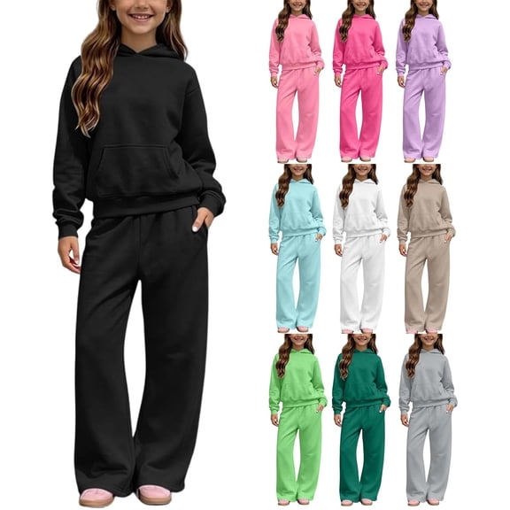 YUNLIUU Girls Sweatsuit 2 Piece Hoodies and Sweatpants Sweat Set,10 Years,Black