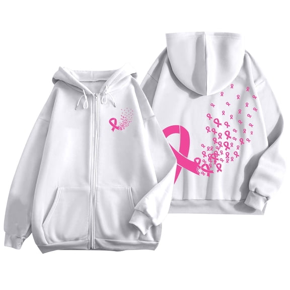 Women's Hoodie Oversize Pink Ribbon Print Zipper Hooded Cancer Awareness Jacket with Pocket Y2k Winter Sweatshirts White