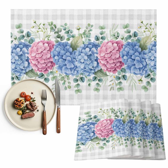 Placemats Set of 6, Hydrangea Flower Place Mats Eucalyptus Leaf Grey Plaid Tablemats Washable Placemat Table Decoration for Kitchen Table Dinner Party Home Decor Indoor Outdoor 13x19 Inch