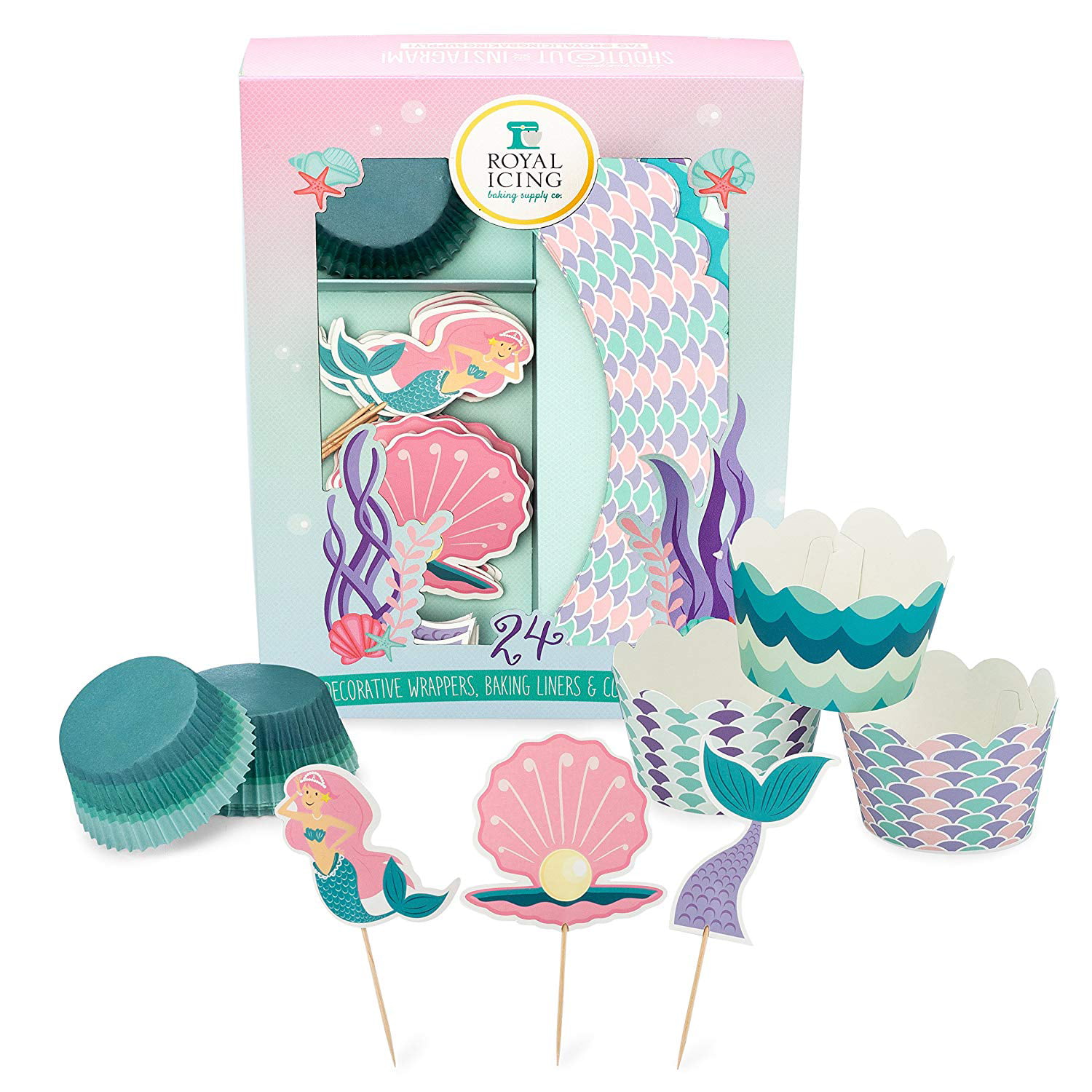 12X Mermaid Cupcake Wrappers Toppers Baby Shower Kids Birthday Party Favor BH 