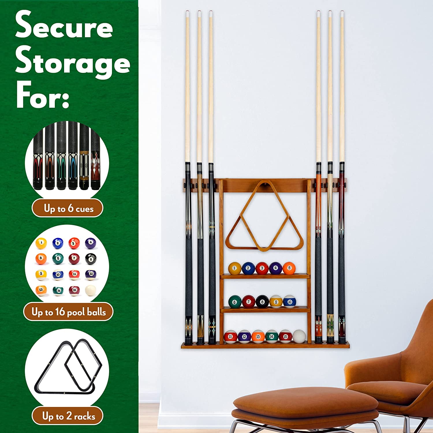6 Pool Billiard Stick Cue Rack Only Ball Set Wall Rack Holder Mandycng Elegant Wooden Wall Mounted Cue Rack Great for Home Sports Club Fitness Pub Restaurant Mahogany Color 