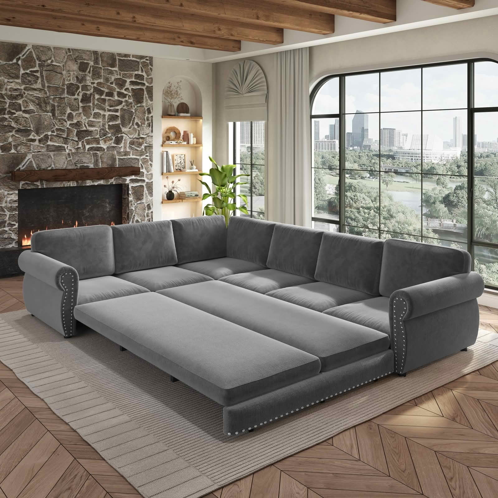 MAYEERTY 118" L‑Shaped Convertible Pull‑Out Sofa Bed, Chenille Sectional Couch with Nailhead Trim & Rolled Arms, Oversized Multifunctional Sleeper Sofa